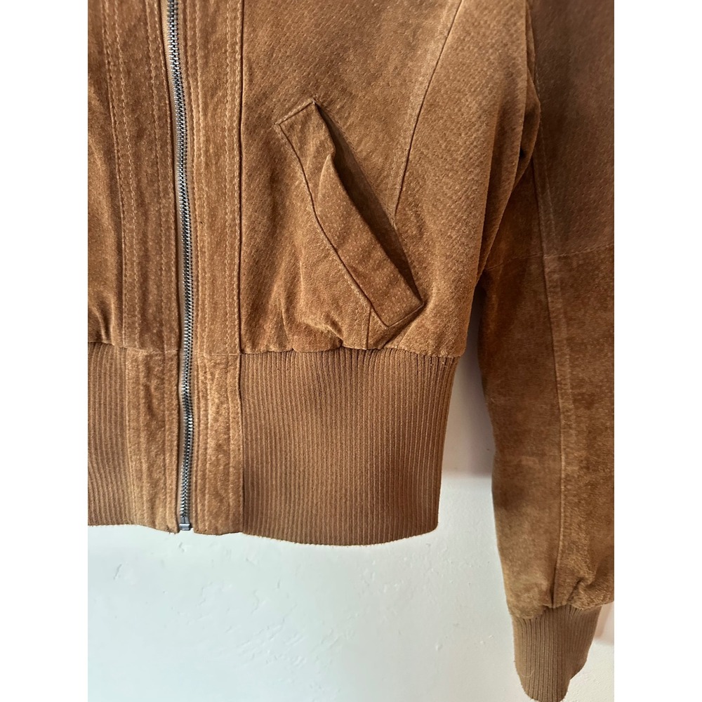 Joujou Brown Suede Leather Bomber Jacket Ribbed Collar Cropped Y2K small/medium - Picture 5 of 16